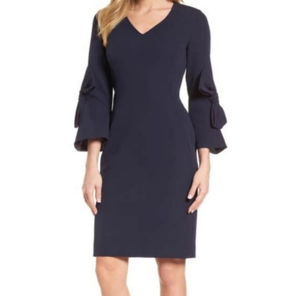 Emerson Rose Navy Bow Sleeve Sheath Scuba Dress Wedding Evening Women's Size 8